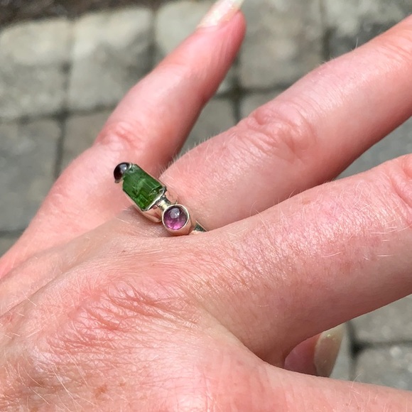 RAW GREEN TOURMALINE & PINK TOURMALINE 925 STERLING SILVER RING, SIZE 6.75